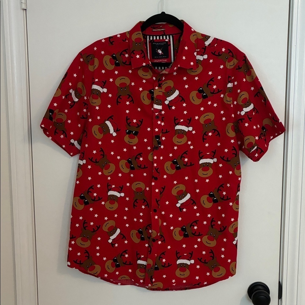 Denim & Flower Men's XL Christmas Reindeer Short Sleeve Button-down Shirt